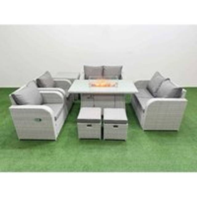 2 Loveseat Sofa With 2 Reclining Chair, Firepit Dining Table, 2 Stool & Side Table | Wowcher - Grey