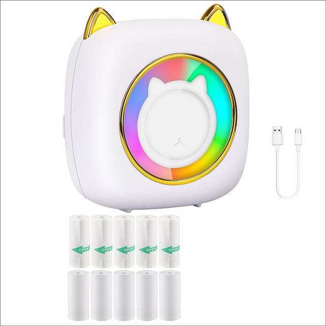 Mini Sticker Printer Pocket Inkless Thermal with RGB Light, 10 Rolls Paper, for Photo Notes Memo White