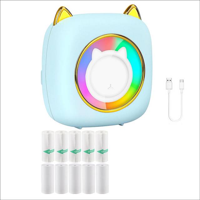 Mini Sticker Printer Pocket Inkless Thermal with RGB Light, 10 Rolls Paper, for Photo Notes Memo Blue