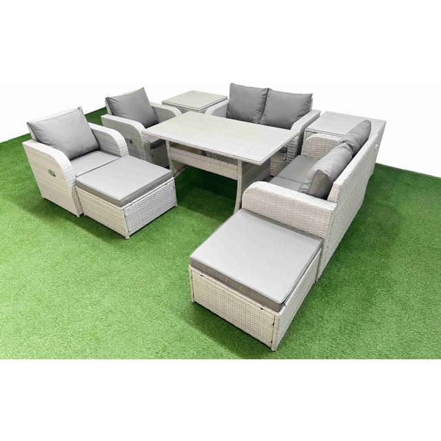 Fimous 8 Seater Outdoor Reclining Chair Love Sofa Set Rattan Garden Furniture Set with2 Big FootStools  2 Side Table Light Grey