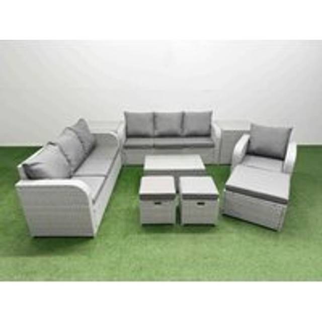 10 Seater Poly Rattan Outdoor Garden Furniture Sofa Set Patio 3 Seater Sofa Reclining Chair 3 Seater Sofa 3 Stools 2 Side Table Light Grey - One Size