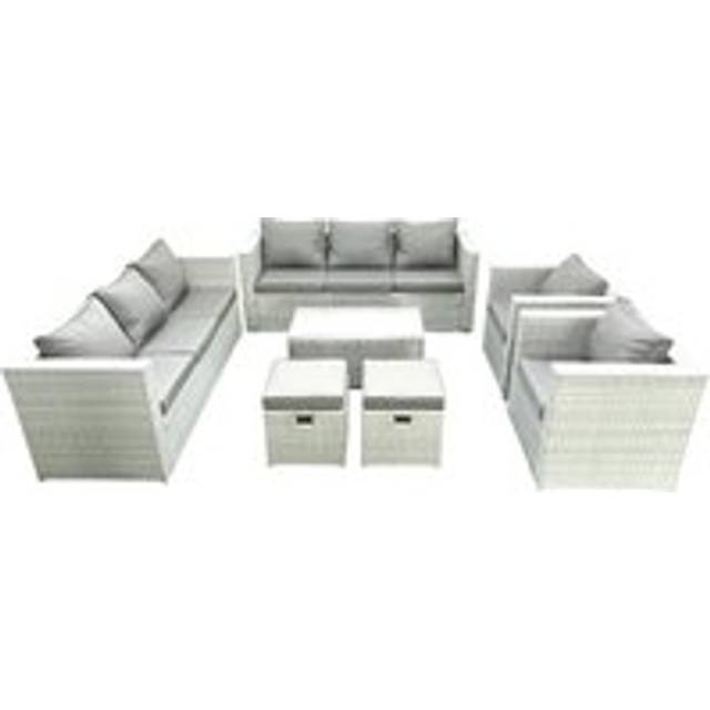 Outdoor Rattan Sofa Garden Furniture Set with 2 Armchairs Oblong Coffee Table 2 Small Footstools Light Grey Mixed - One Size
