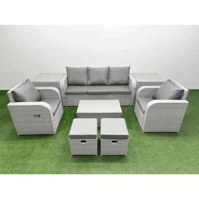 Fimous PE Rattan Garden Furniture Set Reclining Chair Sofa Lounge Sofa Set Oblong Coffee Table 2 Side Table 2 Small Stools Light Grey