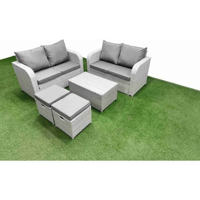 Fimous 6 Seater Outdoor Love Sofa Set Rattan Garden Furniture Set with Rectangular Coffee Table 2 Small Stools Light Grey