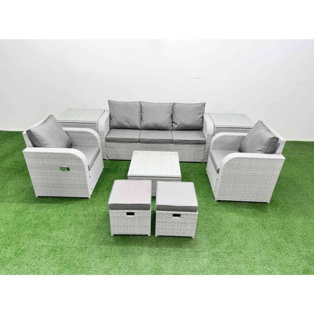 Fimous PE Rattan Garden Furniture Set Reclining Chair Sofa Lounge Sofa Set Square Coffee Table 2 Side Table 2 Small Stools Light Grey