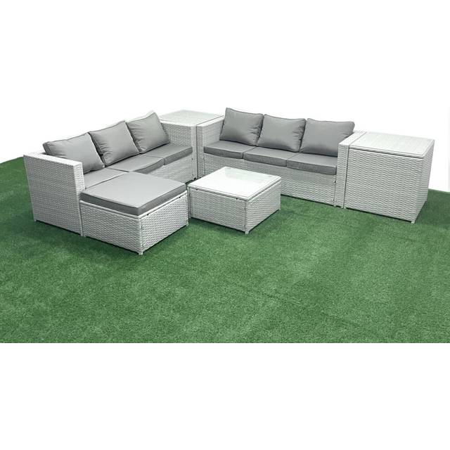 Fimous Rattan Garden Outdoor Furniture Set 7 Seater Rattan Garden Sofa Set with Big Footstool 2 Side Tables Light Grey Mixed