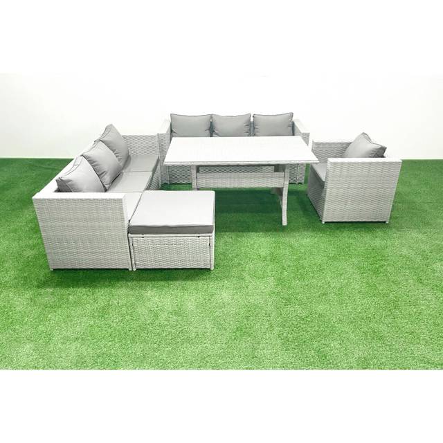 Fimous 5 Pieces Outdoor Rattan Sofa Set with Cushions Patio Garden Furniture Sets with Armchair Dining Table Big Footstool