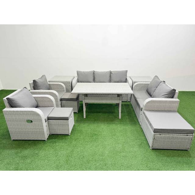 Fimous PE Rattan Garden Furniture Set Reclining Chair Sofa Double Love Seat 2 Seater Sofa Lounge Set 3 Stools 2 Side Table Light Grey