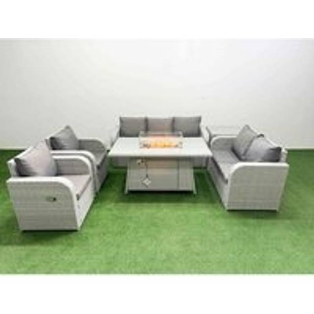 7-Seater Garden Sofa Dining Set Firepit Table & Reclining Chair | Wowcher - Grey