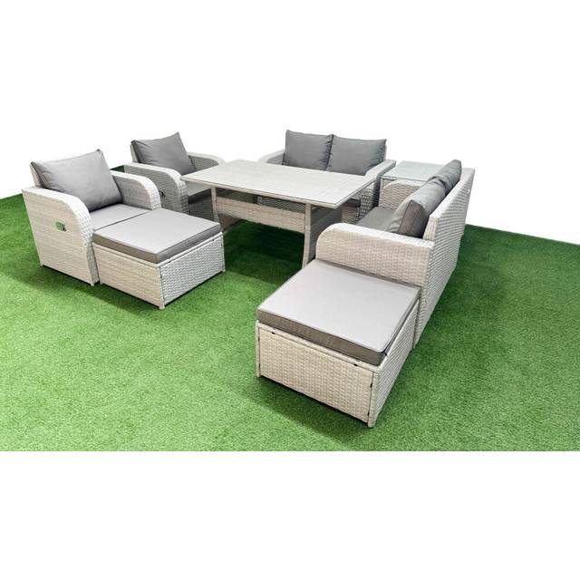 8 Seater Outdoor Reclining Chair Love Sofa Set Rattan Garden Furniture Set with Rectangular Dining Table 2 Big FootStools Side Table Light Grey