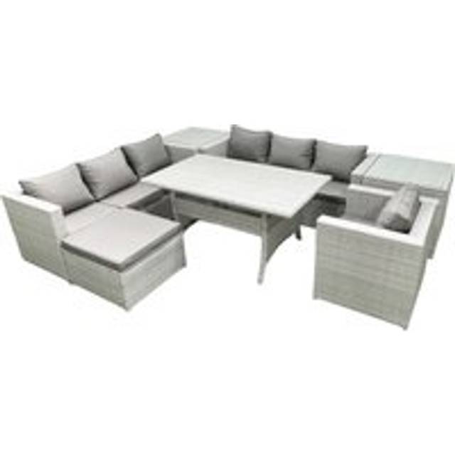 Fimous 7 Pieces Outdoor Rattan Sofa Set with Cushions Patio Garden Furniture Sets with Armchair Dining Table 2 Side Tables Big Footstool
