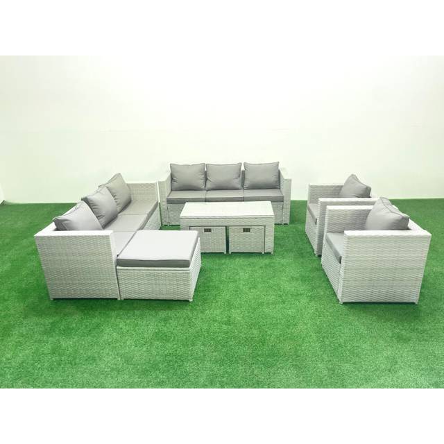 Fimous Outdoor Garden Furniture Rattan Sofa Set with 2 Armchairs Oblong Coffee Table 3 Footstools Light Grey Mixed
