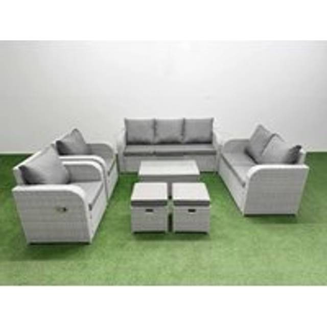 PE Rattan Garden Furniture Set Adjustable Chair Sofa Double Love Seat 2 Seater Sofa Lounge Set Oblong Coffee Table 2 Stools Light Grey - One Size