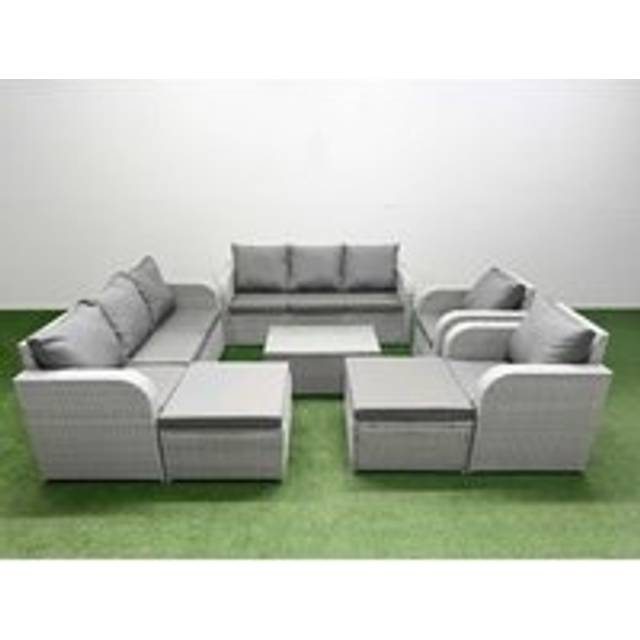 Fimous PE Rattan High Back Lounge Sofa Set Patio Coffee Table & Chairs Set with 3 Seater Sofa Reclining Chair 2 Big Footstool Light Grey