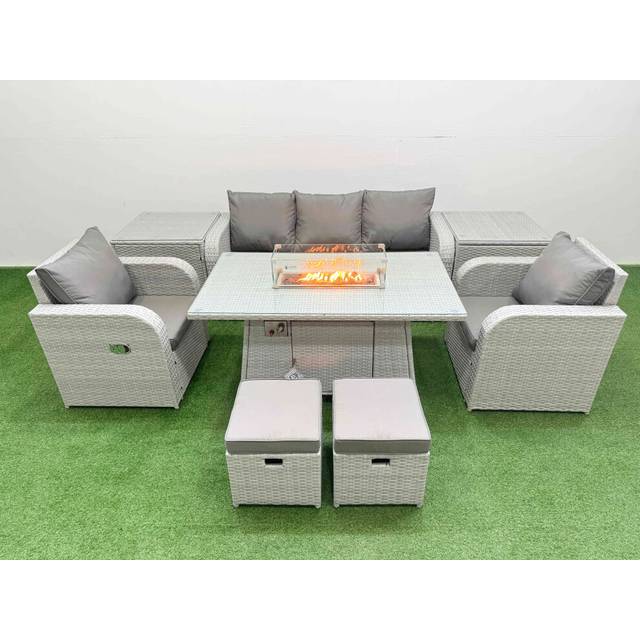 2 Loveseat Sofa With Firepit Dining Table, 3 Stool & 2 Side Table | Wowcher - Grey