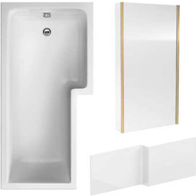 L Shape Bathtub, Front Panel and Fixed Screen - Brushed Brass