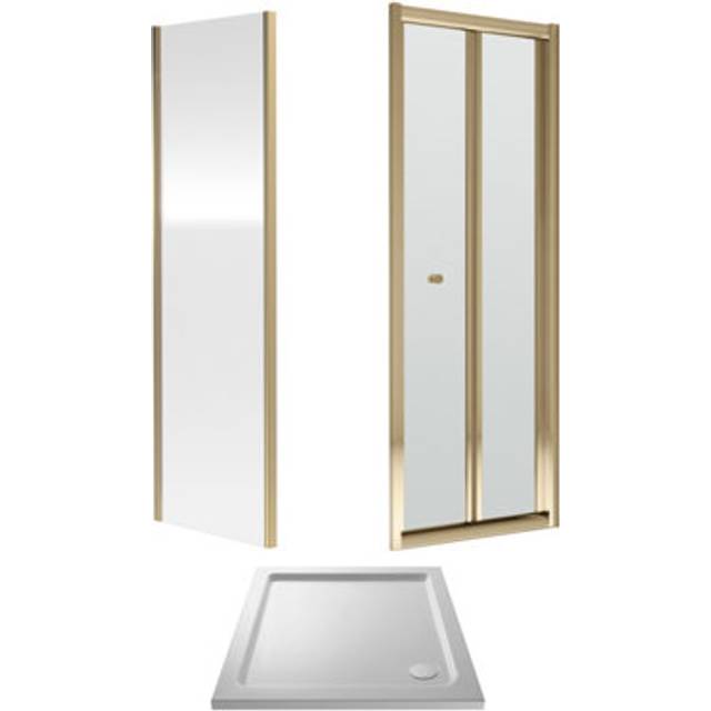 6mm Toughened Safety Glass Bi-Fold Shower Door, Side Panel and Shower Tray - 760 x 760 x 1900mm - Brushed Brass Frame - White Tray