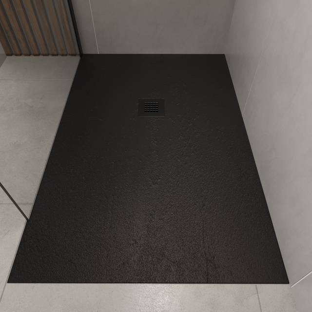 1700x800mm Stone Resin Black Slate Effect Rectangular Shower Tray with Grate - Siltei