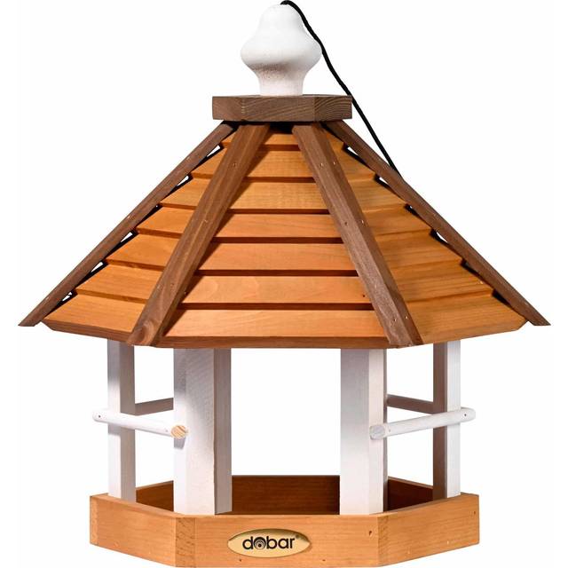 This autumn fruit birdhouse has a hexagonal, hanging design - Brown and white (34cm H X 29cm W X 33cm D)