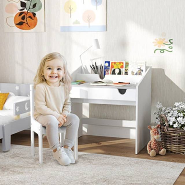 AIYAPLAY Children Study Table and Chair w/ Storage - Pull-out Drawer - Grey | TJ Hughes Pink