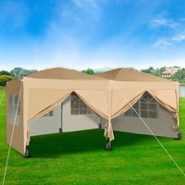 (Beige) MCC Pop-up Gazebo 3m x 6m with Sides Wind Bars & 6 Weight Bags Water Proof Canopy