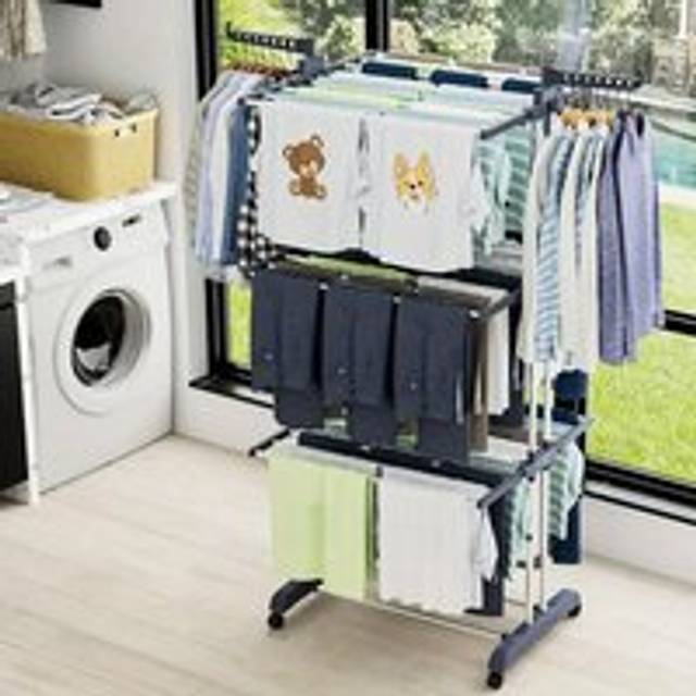 4 Tier Grey Clothes Airer Horse Drying Rack Folding Side Wings Rail Stainless Steel Stand Laundry Garment - Dark Grey - One Size