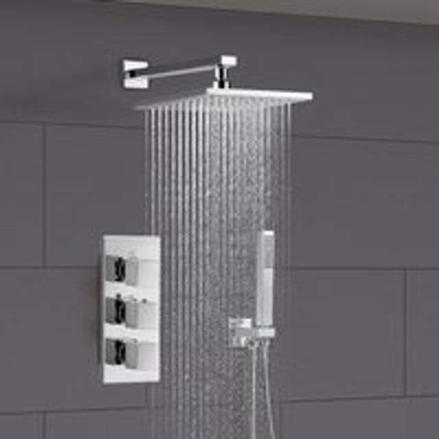 Chrome Square 3 Way Triple Thermostatic Valve with Round Shower Head + Handset - Silver - One Size