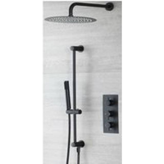 Nero - Modern 2 Outlet Triple Thermostatic Mixer Shower Valve with Hand Shower Handset Slide Riser Rail Kit and Wall Mounted Round Rainfall Shower