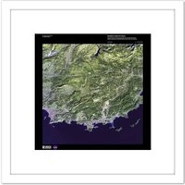 Science Map Satellite France Coast Marseilles Replica 8X8 Inch Square Wooden Framed Wall Art Print Picture with Mount - White - One Size