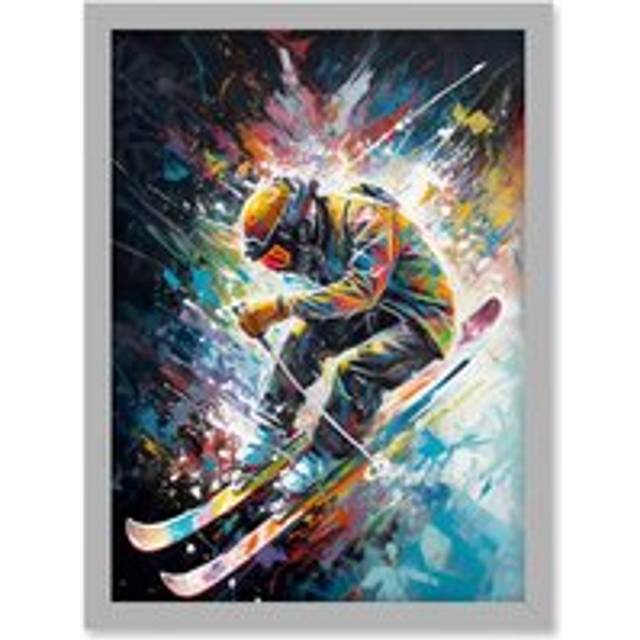 Skier Skiing Vibrant Splatter Art Motion Painting Artwork Framed Wall Art Print A4 - Grey - One Size