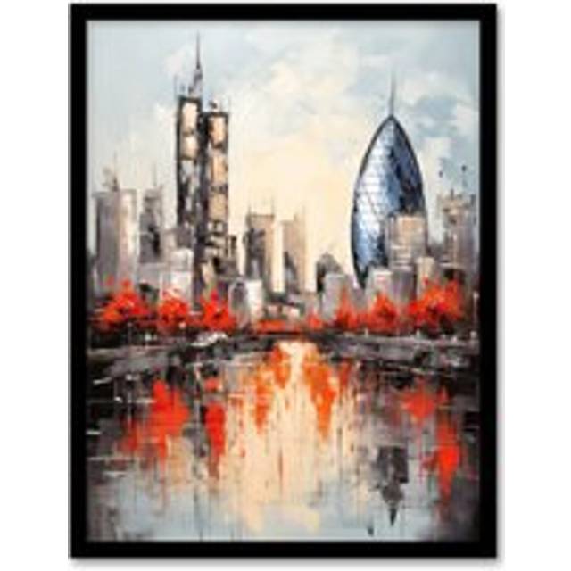 Wall Art Print London Cityscape Skyline The Gherkin Oil Painting Thames Reflections In Autumn Art Framed - Black - W12 inch x H16 inch