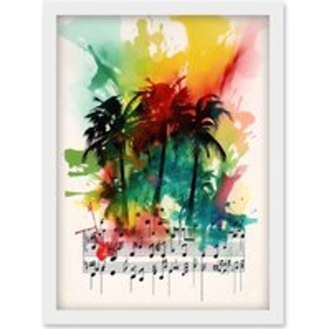 Melodic Oasis Tropical Palm Tree Sonata Music Modern Splat Paint Watercolour Painting Artwork Framed Wall Art Print A4 - White - One Size