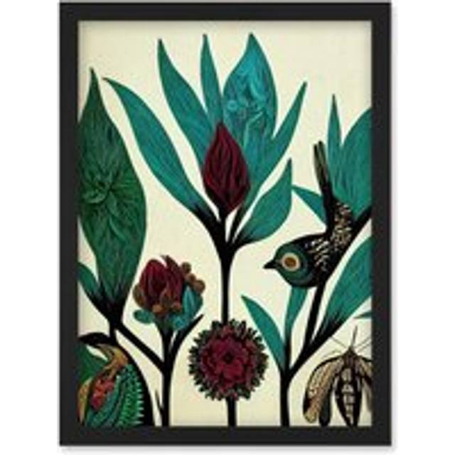 Abstract Folk Art Leaves Flowers Birds Vintage Style Green Burgundy Cream Black Artwork Framed Wall Art Print A4 - One Size