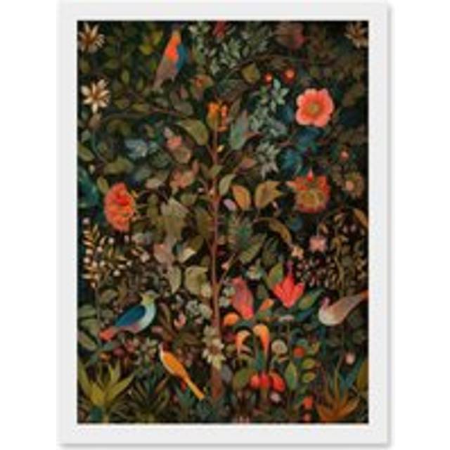 Birds on Blooming Trees in Spring Modern Folk Art Artwork Framed Wall Art Print A4 - White - One Size