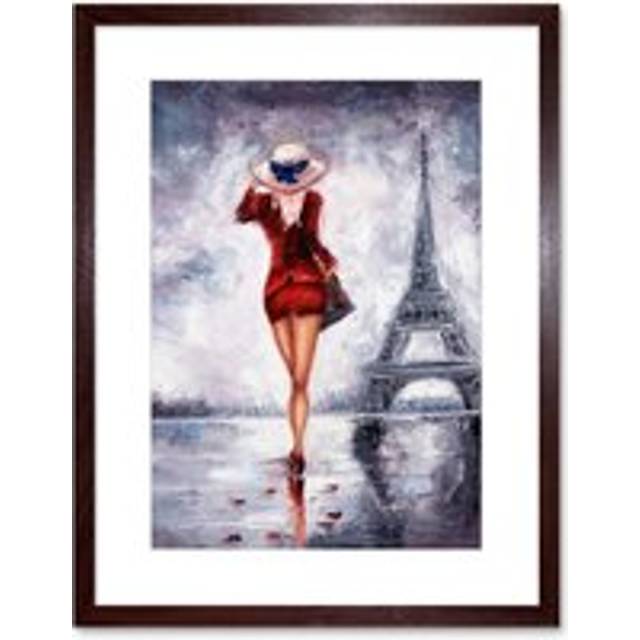 Wall Art Print Lady Wearing Red in Paris Art Framed 9x7 inch - Brown - W7 inch x H9 inch