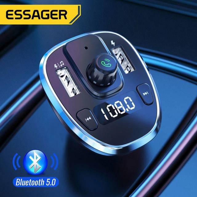 Essager USB Billaddare FM-sändare Bluetooth 5.0 Coche Adapter Trådlös handsfree ljudmottagare MP3-spelare Biltillbehör silver