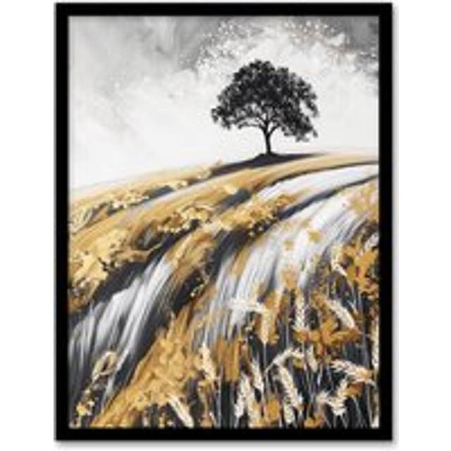 Tree in Golden Field of Wheat Painting Landscape Framed Art Print - Yellow - W12 inch x H16 inch