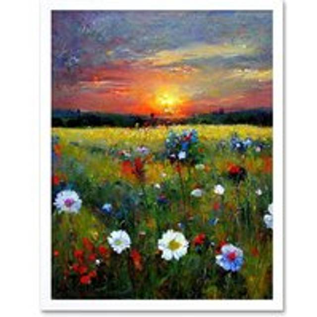 Wall Art Print Wildflower Floral Landscape Sunrise Oil Art Framed - White - W12 inch x H16 inch