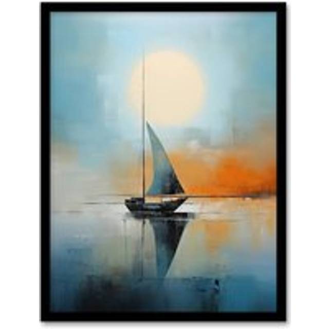 Wall Art Print Seascape Modern Abstract Sailboat Boat Artwork Calm Elegant Blue On Orange Art Framed - Black - W12 inch x H16 inch
