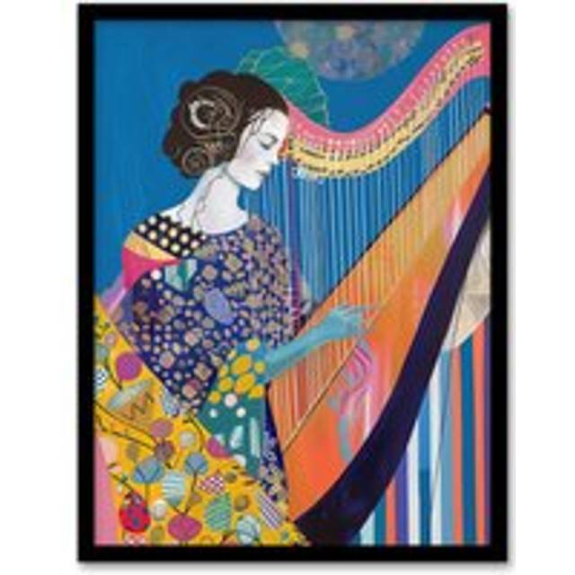 Harpist Playing Harp Music Colourful Batik Style Framed Art Print - Blue - W12 inch x H16 inch