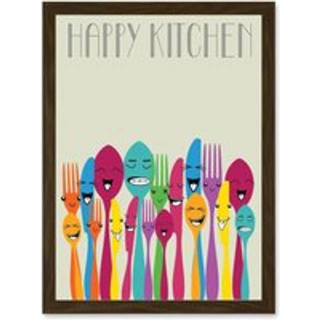 Happy Colourful Cutlery Kitchen Food Artwork Framed Wall Art Print A4 - Brown - One Size