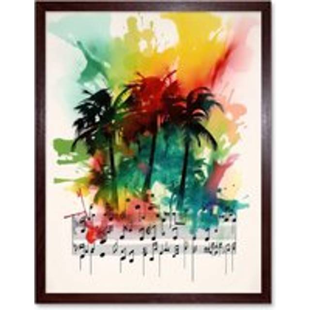 Wall Art Print Melodic Oasis Tropical Palm Tree Sonata Music Modern Splat Paint Watercolour Painting Art Framed - Brown - W12 inch x H16 inch