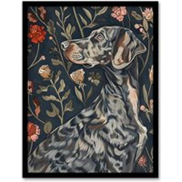 Dog Smelling Roses Portrait Charming Floral Framed Art Print - Blue - W12 inch x H16 inch