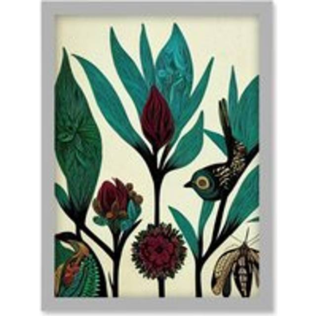 Abstract Folk Art Leaves Flowers Birds Vintage Style Green Burgundy Cream Black Artwork Framed Wall Art Print A4 - Grey - One Size