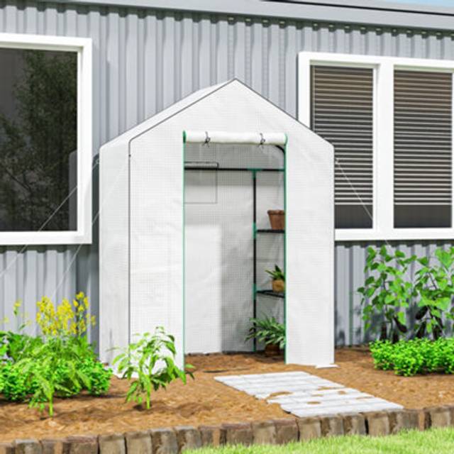 Outsunny Walk-in Greenhouse with - Outdoor Small Greenhouse - White - 4 Shelves | TJ Hughes
