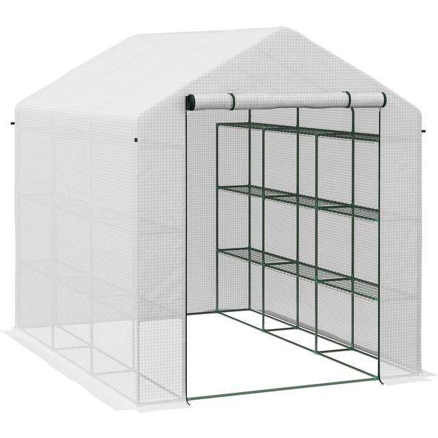 Outsunny Walk-in Garden Greenhouse Shelves Polytunnel Steeple Grow House, White