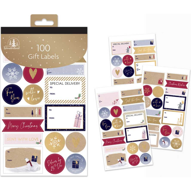 100 Contemporary Design Christmas/Xmas Foil Sticker Gift Labels Gold, Red & Blue