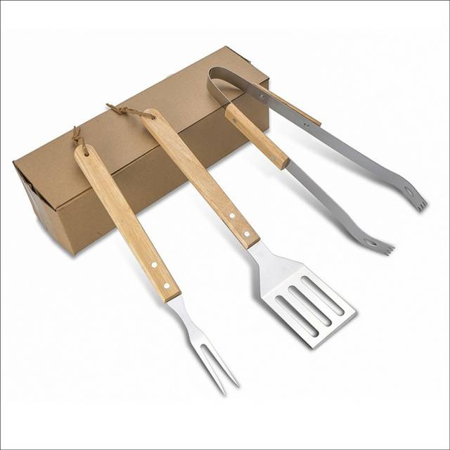 Wooden Handle Shovel Fork Outdoor Barbecue Tools BBQ Barbecue Set Grill Household Barbecue Clip , 3PCS