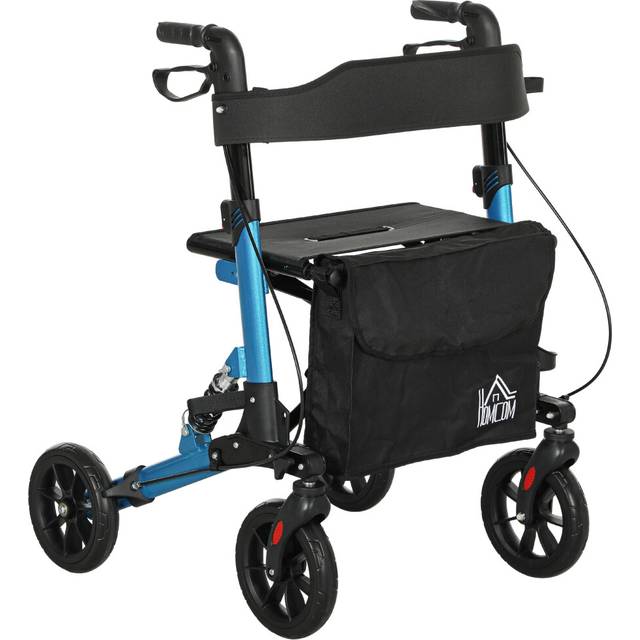 HOMCOM Folding Rollator Walker with Seat, Backrest, Bag, 4 Wheels, Blue, Blue