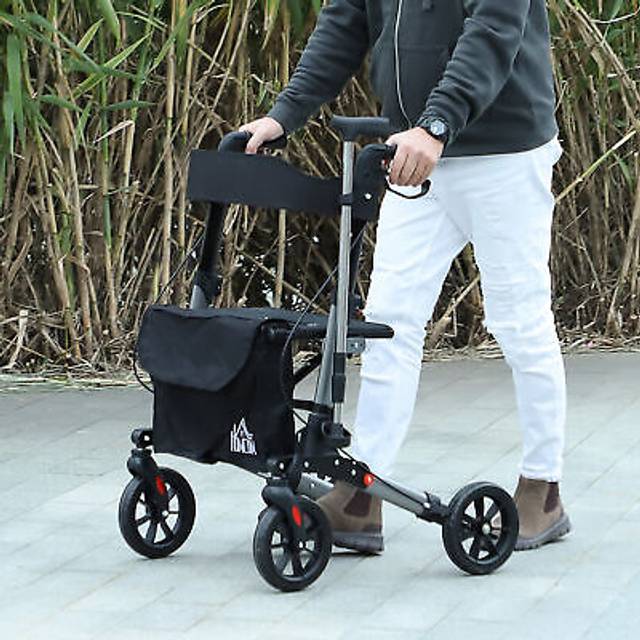 HOMCOM 4 Wheel Rollator with Seat and Back, Folding Mobility Walker with Carry Bag, Adjustable Height, Dual Brakes, Cane Holder, Silver